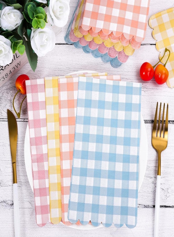 Whaline 100 Pcs Gingham Pastel Guest Napkins Colored Buffalo Plaid Scalloped Disposable Napkins Checkered Dinner Hand Paper Napkin for Wedding Bathroom Birthday Picnic Party Table Supplies - Image 4